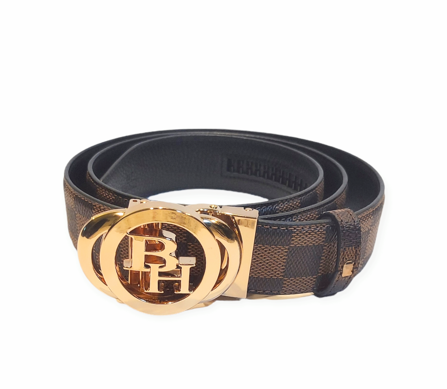 Logo checkered click leather belts